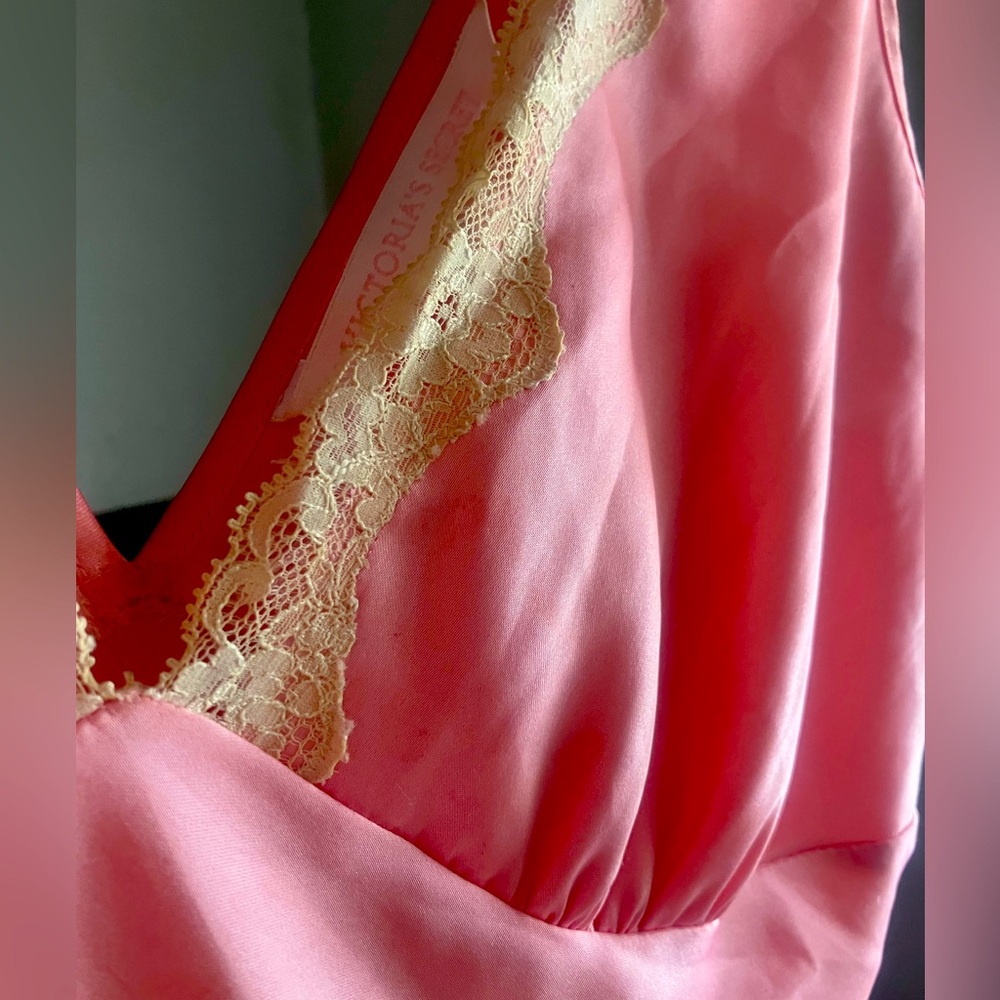Vintage Victoria’s Secret Pink Satin Slip with Ivory Lace Trim
